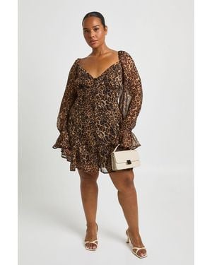 Boohoo Plus Textured Chiffon Godet Hem Mini Dress - Brown