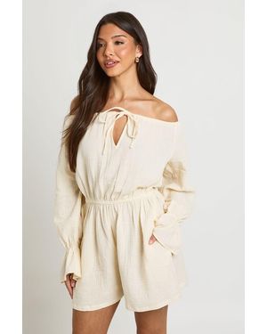 Boohoo Textured Bardot Blouson Playsuit - Natural