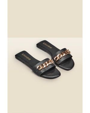 Sosandar Paradiso Chain Detail Flat Leather Mule Sandals - Natural