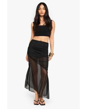 Boohoo Mesh Ruched Waist Asym Hem Maxi Skirt - Black