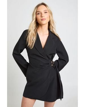 Boohoo Petite Buckle Detail Tie Waist Tailored Blazer Dress - Black