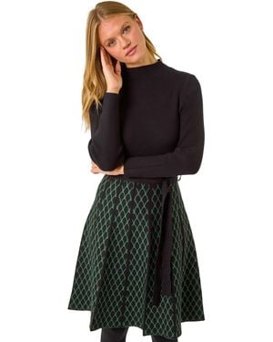 Roman Contrast Skirt Knit Jacquard Dress - Black