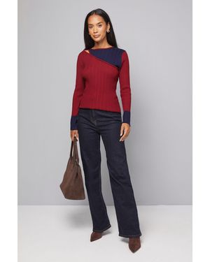 Wallis Colour Block Rib Detail Knitted Top - Red