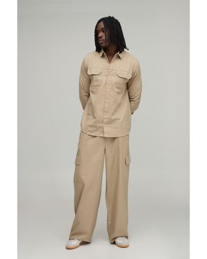 BoohooMAN Tall Regular Shirt & Straight Fit Cargo Trouser Set - Natural