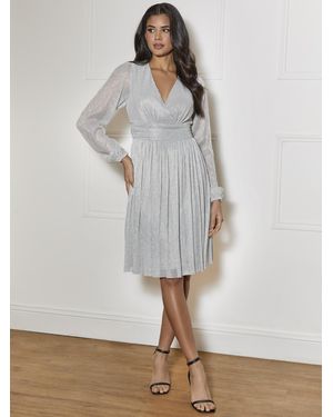 Chi Chi London Long Sleeve Glitter Plisse Wrap Midi Dress - Grey