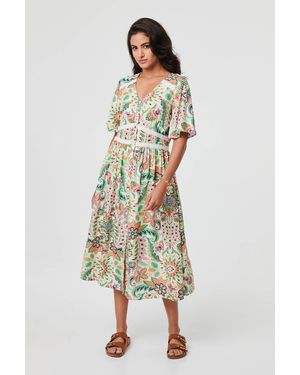 Izabel London Printed 1/2 Flared Sleeve Midi Dress - Green