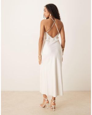 Abercrombie & Fitch Satin Lace Trim Halter Neck Midi Dress - Natural