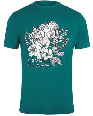 Roberto Cavalli Tiger Floral Logo T-Shirt Cotton - Green