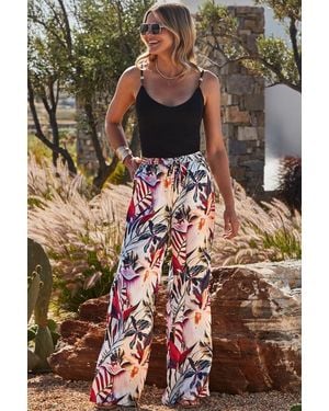 Sosandar Ivory Tropical Print Premium Satin Wide Leg Trousers - White