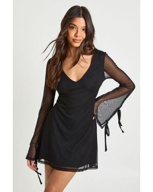 Boohoo V Neck Mesh Shift Dress - Black