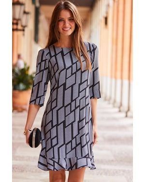 Sosandar Geometric Print Ruffle Hem Shift Dress - White