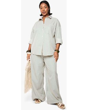 Boohoo Plus Woven Stripe Elasticated Wide Leg Trouser - White