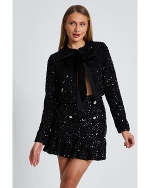 Quiz Sequin Boucle Cropped Jacket - Black