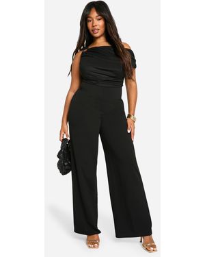 Boohoo Plus Mesh Trim Detail Asymmetric Wide Leg Jumpsuit - Black