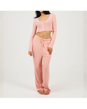 Brave Soul Long Sleeve Cropped Top And Matching Trouser Lounge Set - Pink