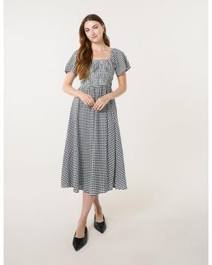 Blue Vanilla Shirred Gingham Midi Dress - Grey