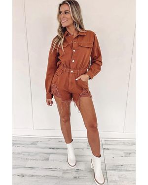 Everyday the Label Flame Long Sleeve Snap Buttons Distressed Denim Romper - Brown
