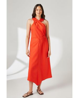 PRINCIPLES Ruched Detail Linen Asymmetric Hem Halter Midaxi Dress - Red