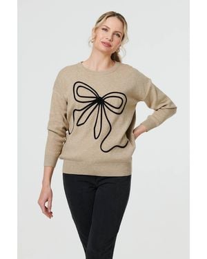 Izabel London Bow Embellished Drop Shoulder Knit Jumper - Natural