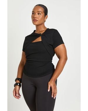 Boohoo Plus Rib Trim Detail Cut Out Short Sleeve Top - Black