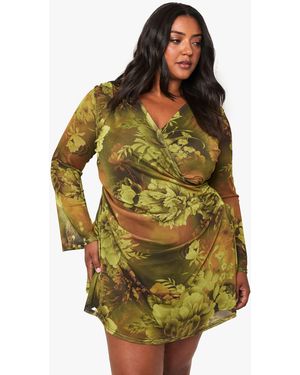 Boohoo Plus Floral Mesh Wrap Mini Dress - Yellow