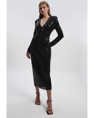 Karen Millen Premium Crystal Embellished Jersey Long Sleeve Plunge Neck Midi Dress - Black