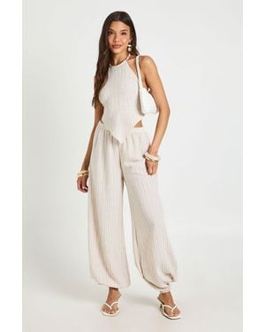 Boohoo Striped Linen Look Balloon Trouser - Natural