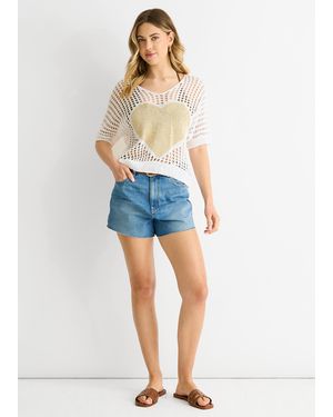 Gini London Fish Net Heart Pattern Crochet Top - Blue