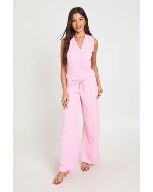 Boohoo V Neck Wrap Over Deep Hem Top And Wide Leg Trouser Coord - Pink