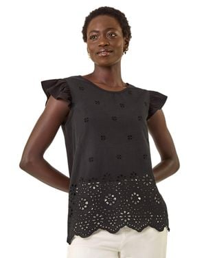 Roman Broderie Hem Stretch Top - Black