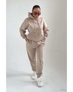 Femme Luxe Front Pocket Pullover Hoodie Cuffed Joggers Loungewear Set - Natural