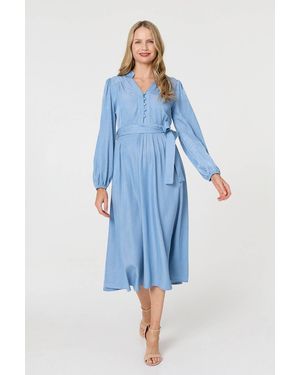 Izabel London Long Sleeve Empire Tie Waist Midi Dress - Blue