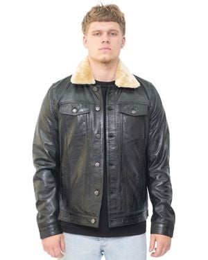 Infinity Leather Removable Collar Trucker Jacket-Zagreb - Black