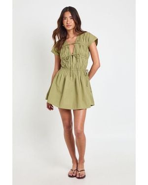 Boohoo Cotton Poplin Shirred Front Tie Mini Dress - Green