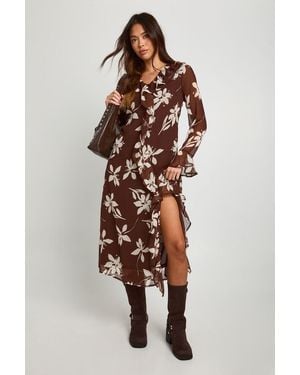 Boohoo Floral Chiffon Midaxi Smock Dress - Brown
