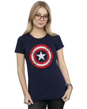 Marvel Ladies Avengers Captain America Scratched Shield Cotton T-Shirt - Blue