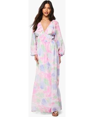 Boohoo Floral Tie Waist Balloon Sleeve Maxi Dress - Red