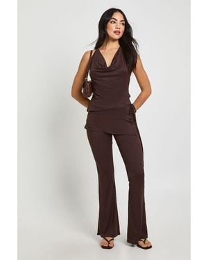 Boohoo Halterneck Top And Wrap Waist Flare Co Ord - Brown