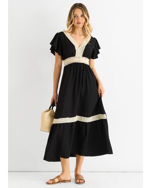 Gini London Crochet Lace Panel Elasticated Waist Midi Dress - Black
