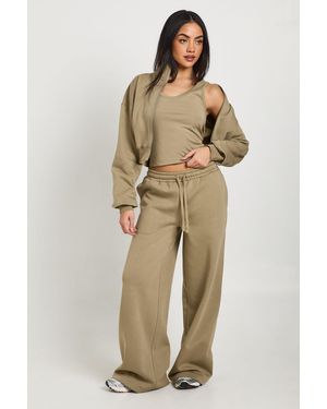 Boohoo Funnel Neck Zip Through 3 Piece Straight Leg Tracksuit - Natural
