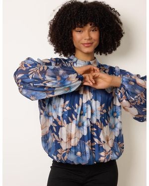 Blue Vanilla Floral Metallic Puffball Top - Blue