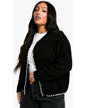 Boohoo Plus Blanket Stitch Knitted Crop Cardigan - Black