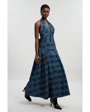 Karen Millen Check Print Taffeta Woven Maxi Skirt - Blue