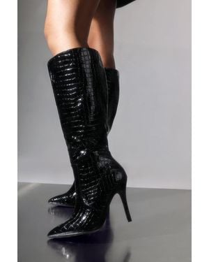 Where's That From Wheres 'Quenna' Croc Knee High Stiletto Heeled Boots - Black
