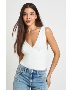 Boohoo V Neck Ruched Side Bodysuit - Blue
