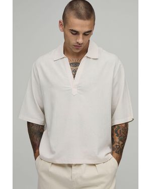 BoohooMAN Linen Blend Boxy Revere Neck Polo - Grey