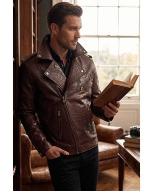 Infinity Leather Cow Alligator Print Embossed Biker Jacket - Brown