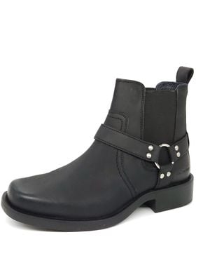 HX London Malden Leather Chelsea Biker Western Square Toe Boots - Black