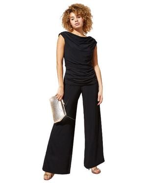 Roman Cowl Neck Ruched Stretch Jumpsuit - Black