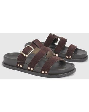 Boohoo Faux Suede Double Strap Cut Out Footbed Sliders - Brown